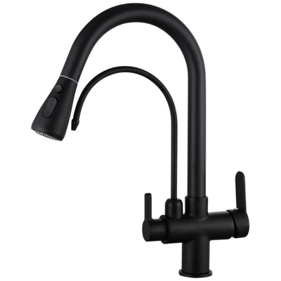 Grifo cocina 3 vías extraíble DUPLO GRIFERS negro mate para ósmosis