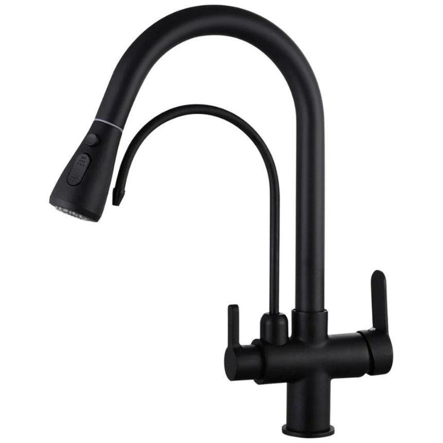 Grifo de ósmosis 3 vías DUPLO en negro mate con sistema extraíble tipo ducha para cocina moderna