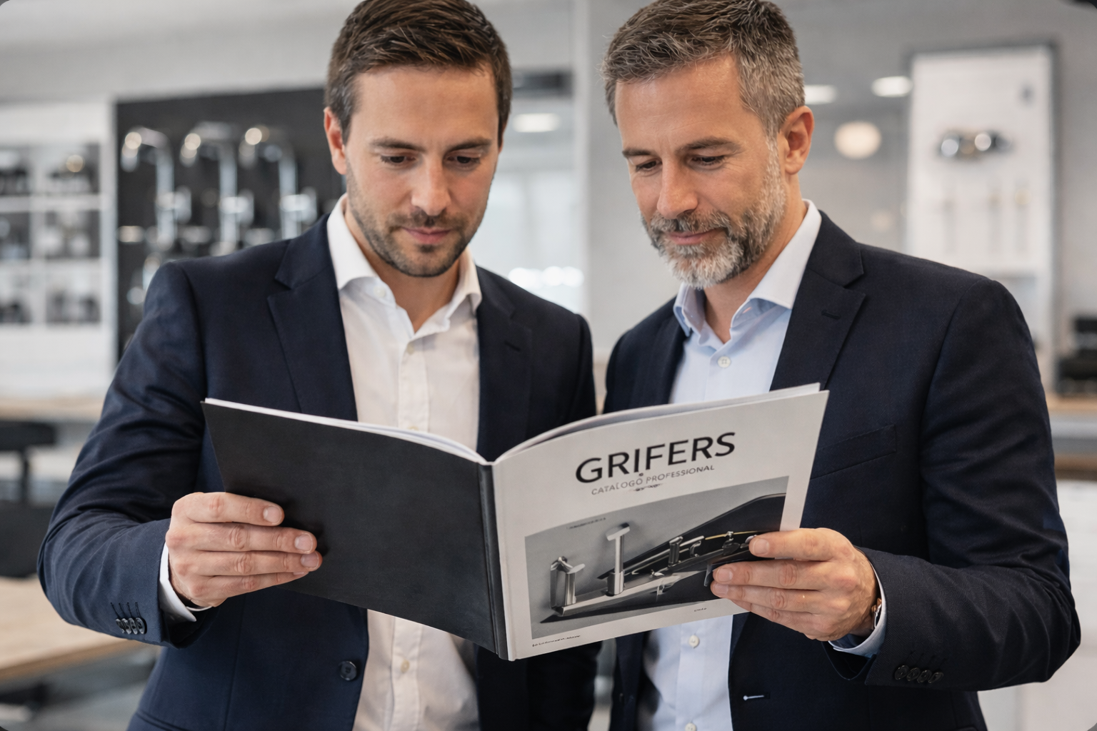 Distribuidores profesionales revisando catálogo de grifería premium GRIFERS en showroom contemporáneo.