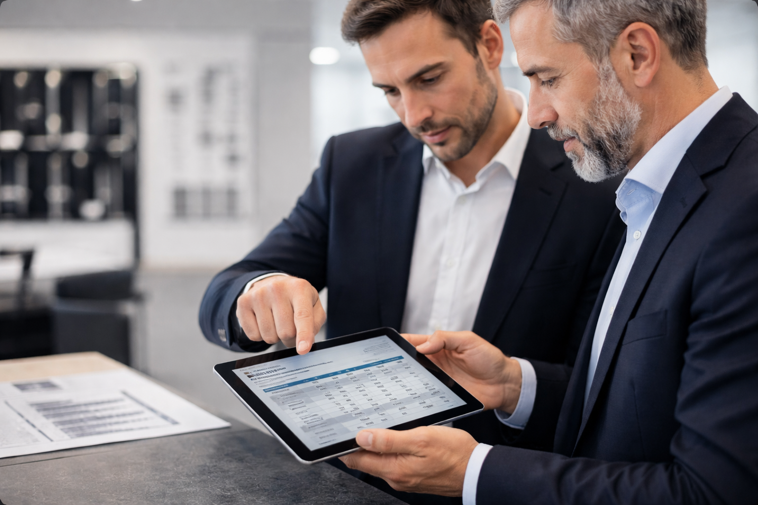 Profesionales del canal B2B analizando estructura de precios y márgenes en tablet en entorno corporativo.