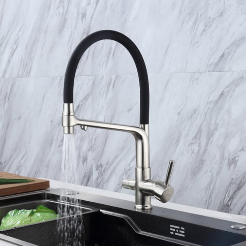 3-way kitchen tap for filtered water with flexible spout installed in modern kitchen sink 3-way kitchen tap for filtered water with flexible spout installed in modern kitchen sink